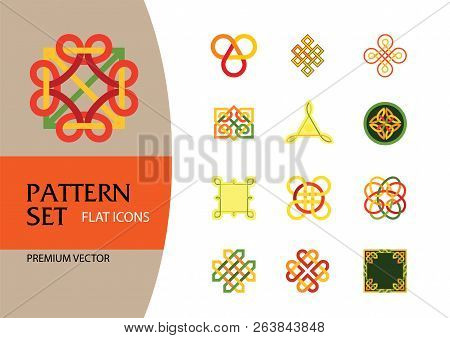 Pattern Icon Set. Hexagon Infinite Traditional Knot Chinese Amulet Round Creative Square Pattern Ete