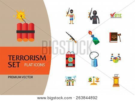 Terrorism Icon Set. Kamikaze Fire Cocktail Dynamite Army Tags Hostage Bomb With Timer Machine Gun Mi