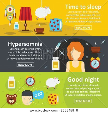 Sleep Good Night Banner Horizontal Concept Set. Flat Illustration Of 3 Sleep Good Night Banner Horiz