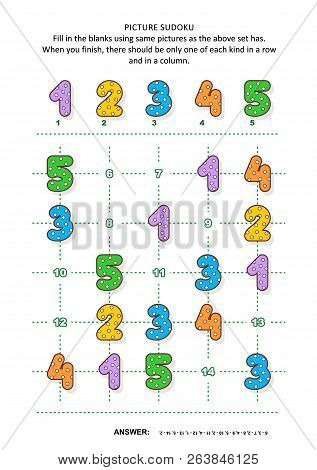 Picture Sudoku Puzzle 5x5 (one Block) With Colorful Dotted Numbers. Answer Included.
