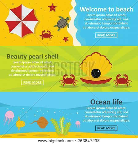 Ocean Life Banner Horizontal Concept Set. Flat Illustration Of 3 Ocean Life Banner Horizontal Concep