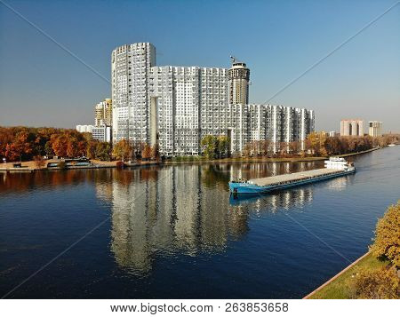 Khimki, Russia - October 17. 2018. Cargo Ship Volgo-don Sailing Along Moscow Canal Near Residential 