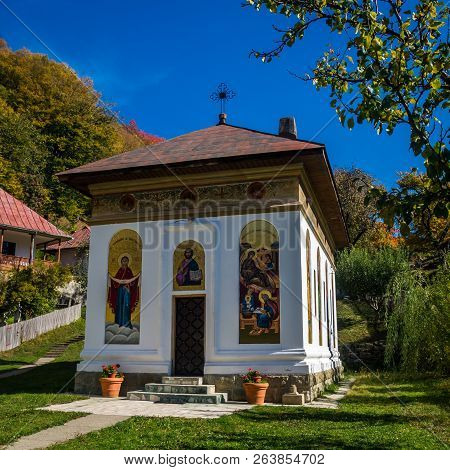Stanisoara Monastery In Cozia National Park. Autumn In Cozia, Carpathian Mountains, Romania.