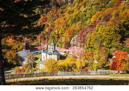 Stanisoara Monastery In Cozia National Park. Autumn In Cozia, Carpathian Mountains, Romania.