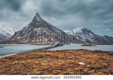 Fredvang Bridges in winter. Lofoten islands, Norway