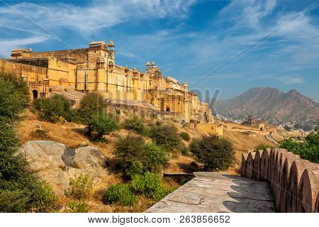 Indian travel famous tourist landmark - view of Amer (Amber) fort and Maota lake, Rajasthan, India