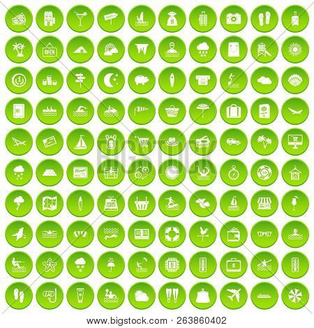 100 Seaside Resort Icons Set Green Circle Isolated On White Background Illustration