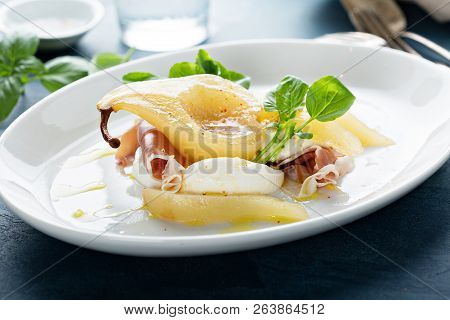 Poached Pear With Fresh Cheese And Proscuitto And Watercress, Fall Appetizer