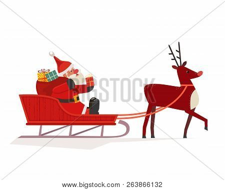 Santa Claus In Sleigh Icon Isolated On White. Cartoon Cute Reindeer Red Nose. Santa And Deer Deliver