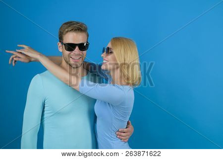 Lovely And Friendly. Friendship Day. Couple In Love. Couple Of Man And Woman Wear Fashion Glasses. F