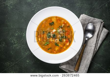 Traditional Hungarian Goulash Soup On The Table. European Cuisine. Top View.