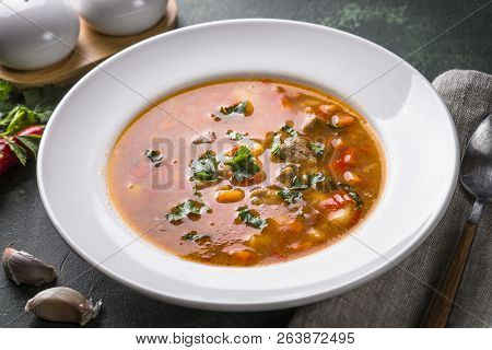 Traditional Hungarian Goulash Soup On The Table. European Cuisine.