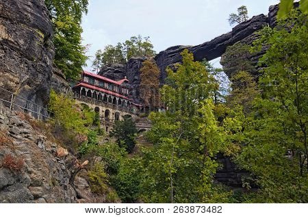 Scenic Panorama With Falcon's Nest And Pravcice Gate In Bohemian Switzerland National Park. Famous T