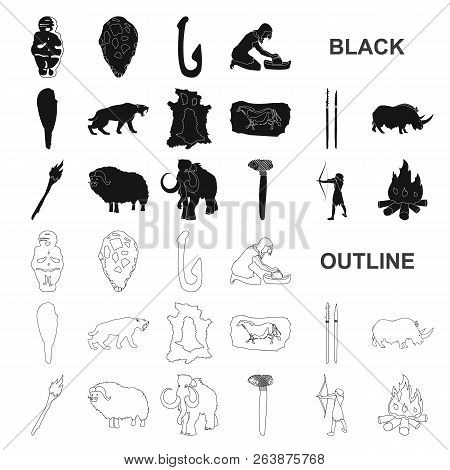 Life In The Stone Age Black Icons In Set Collection For Design. Ancient People Vector Symbol Stock W