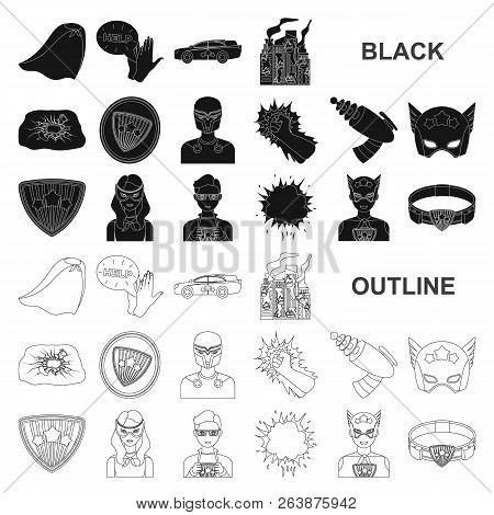 A Fantastic Superhero Black Icons In Set Collection For Design. Superhero Equipment Vector Symbol St