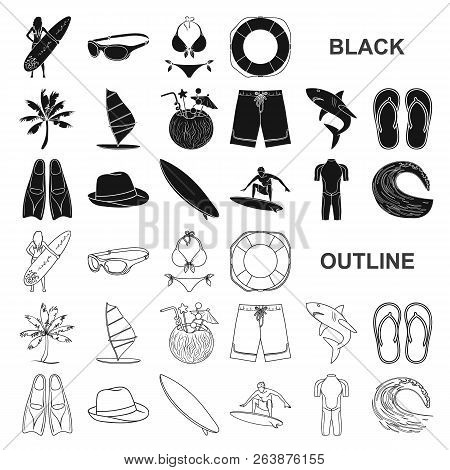 Surfing And Extreme Black Icons In Set Collection For Design. Surfer And Accessories Vector Symbol S