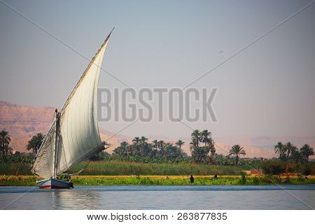 View Of Feluka Boat Sailing In The Nile River Close To Luxor Harbor, Egypt.