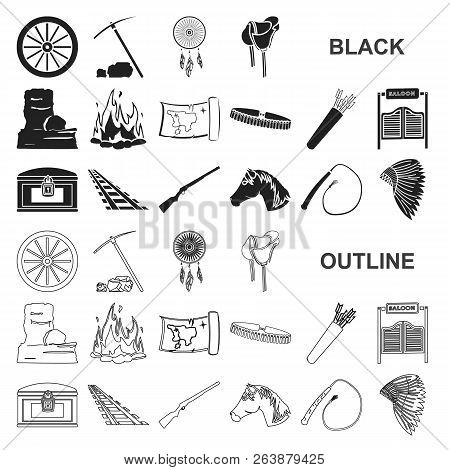 Attributes Of The Wild West Black Icons In Set Collection For Design.texas And America Vector Symbol
