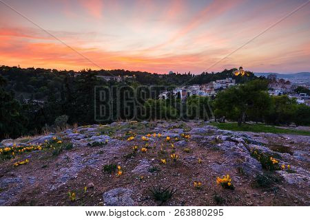 Evening View Of The National Observatory On The Hill Of Nymphs In Athens, Greece.