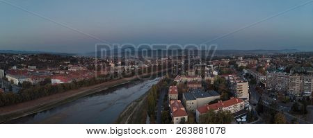 Drone Aerial View On The Residential Area In River Uzh The Uzhgorod Zakarpattya Ukraine In The Early