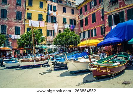 Vernazza, Italy - June 23 2013: The Colorful Center Of Vernazza, One Of The Five Famous Colorful Vil