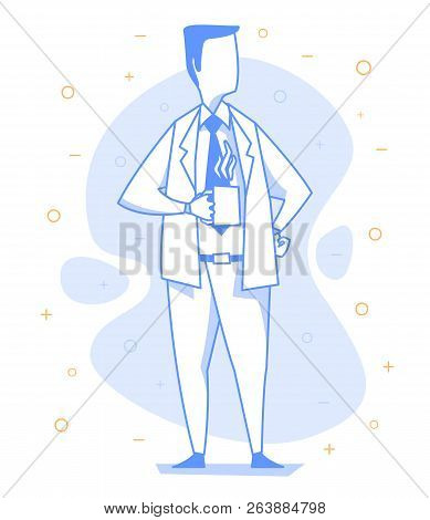 A Businessman Is Standing With A Cup Of Hot Coffee. Vector Illustration Of An Office Worker In Line 