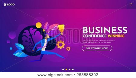 Flat Successful Businessman Holding Winning Gold Cup In His Hand Web Template And Layour Vector Illu