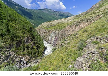 The Chuya River In A Narrow Canyon.  End Of The Mazhoy Cascade. August. Surroundings Of The Village 