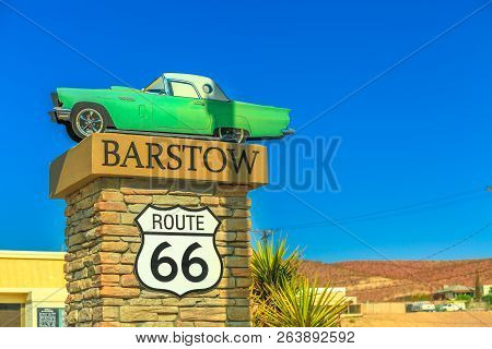 Barstow, California, Usa - August 15, 2018: Barstow Sign Along Route 66 Which Crosses The City Main 