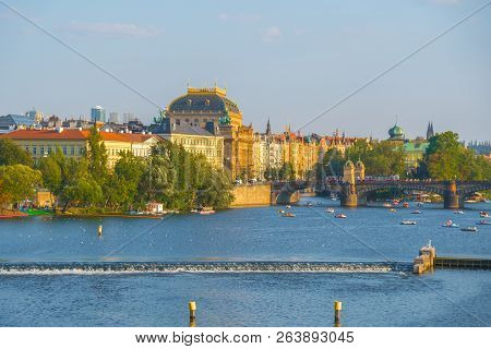 View To Vitava River From Charles Bridge In Prague, Beautiful Summer Day