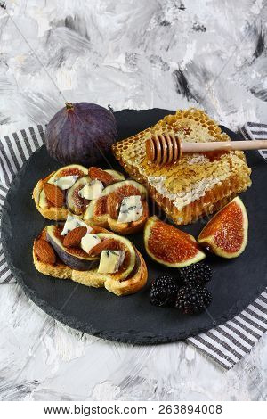 Fig, Dorblyu Cheese, Mulberry And Honey Sandwich On Wholemeal Bread, Top View, Copy Space.