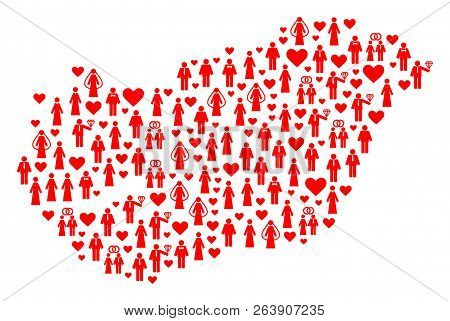 Collage Map Of Hungary Formed With Red Lovely Wives And Husbands. Vector Lovely Geographic Abstracti