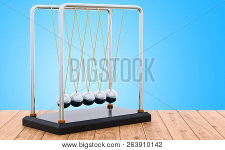 Pendulum, Newton's Cradle On The Wooden Table, 3D Rendering