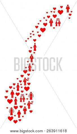 Mosaic Map Of Norway Created With Red Married Wives And Husbands. Vector Lovely Geographic Abstracti