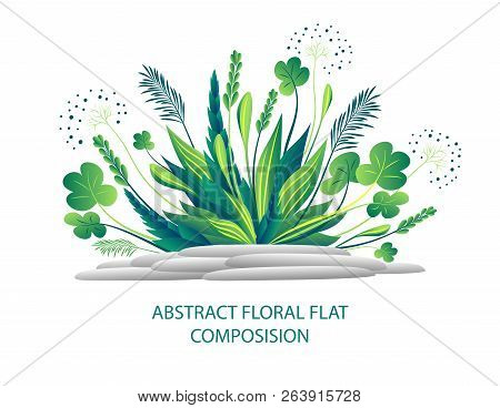 Abstract Floral Flat Composition With Plant And Stones In Green White Or  Ikebana  For Greeting  Car