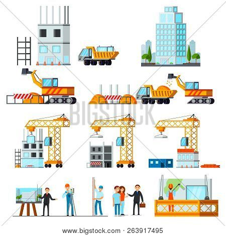 Sky Scraper Construction Set Of Flat Icons With Stages Of Building Process Isolated Vector Illustrat