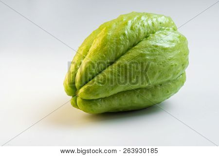 Closeup Of Fresh Green Chayote Isolated On White Background, Low Angle