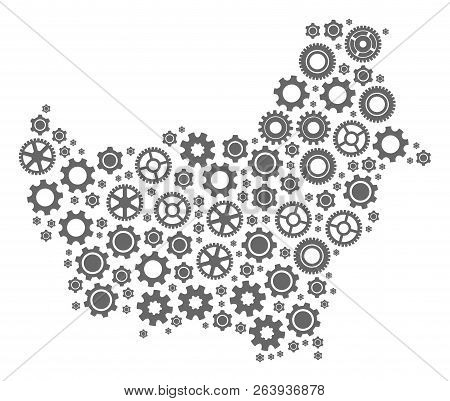 Map Of Borneo Island Formed With Gray Wheel Symbols. Vector Abstract Mosaic Of Map Of Borneo Island 