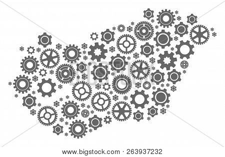 Map Of Hungary Formed With Gray Engine Components. Vector Abstract Mosaic Of Map Of Hungary With Ind