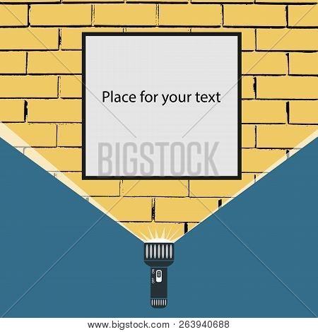 Flat Vector Design Of Hand Flashlight And Projection Round Light Beam On Frame Or Sign For Ads Hangi