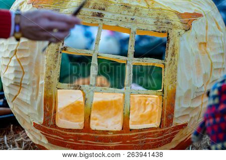 Chadds Ford, Pa - October 18: Person Carving Pumpkin At The Great Pumpkin Carve Carving Contest On O