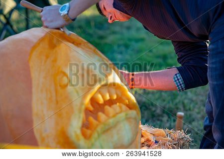 Chadds Ford, Pa - October 18: Person Carving Pumpkin At The Great Pumpkin Carve Carving Contest On O