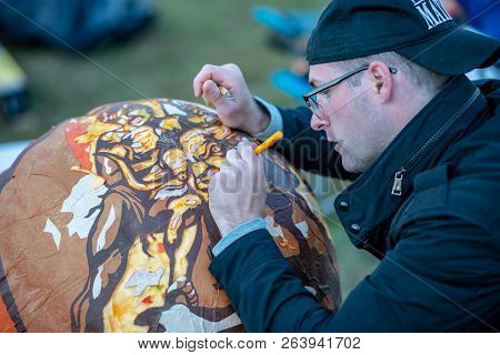 Chadds Ford, Pa - October 18: Person Carving Pumpkin At The Great Pumpkin Carve Carving Contest On O