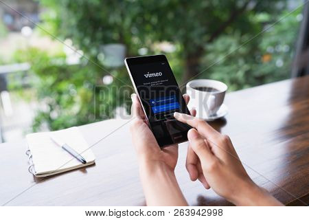 Chiang Mai, Thailand - August 18,2018: Woman Holding Huawei With Vimeo On Screen.  Vimeo Is A Video-