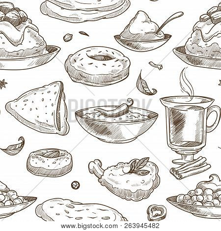 Indian Cuisine Sketch Pattern Background. Vector Seamless Design