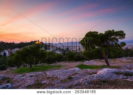 Evening View Of The National Observatory On The Hill Of Nymphs In Athens, Greece.