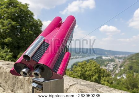 Marksburg, Germany - July 07, 2018: Telescope On The Fortification Wall Of Marksburg Castle In Germa
