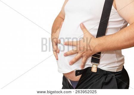 A Man With A Big Belly Shows His Size With His Hands.