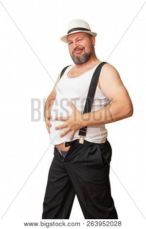 A Man With A Big Belly Shows His Size With His Hands.