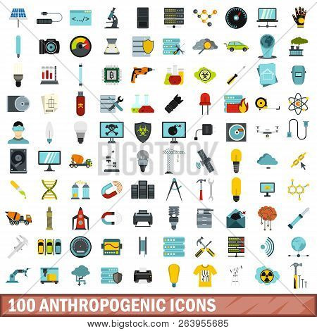 100 Anthropogenic Icons Set In Flat Style For Any Design Illustration